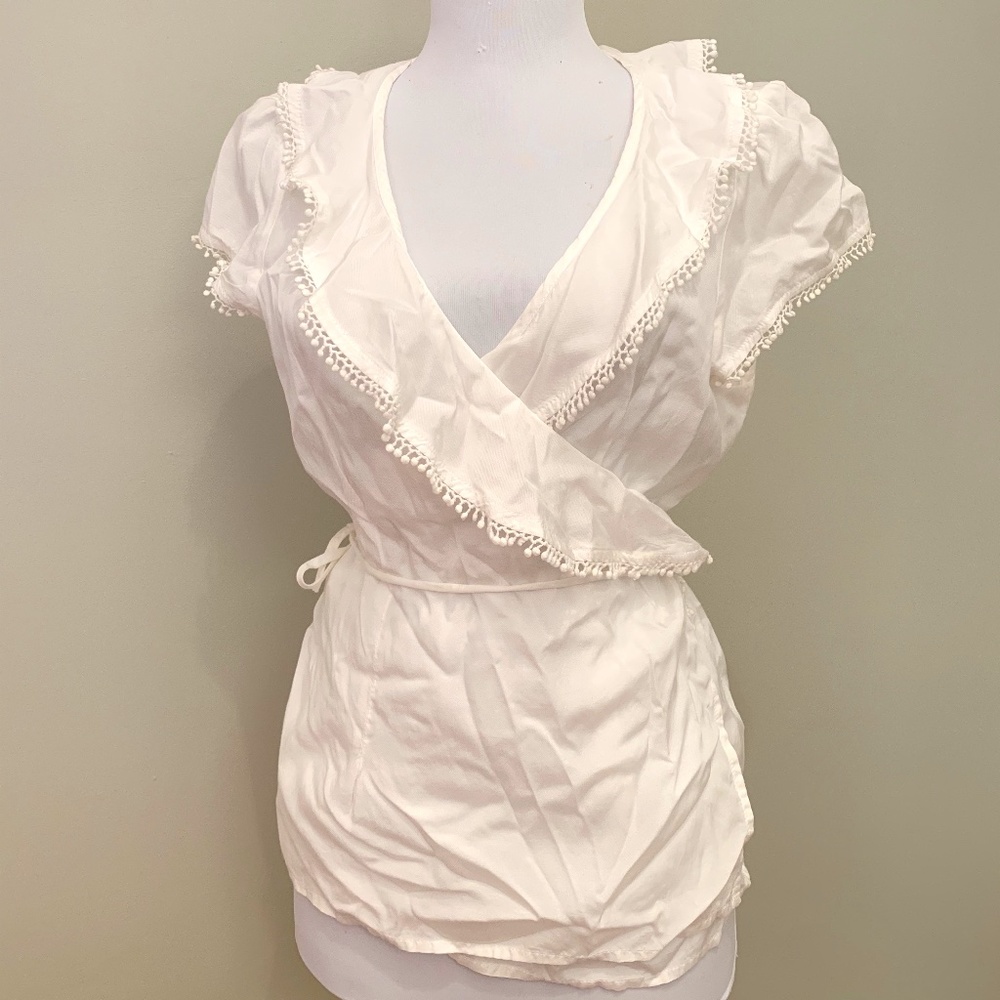 GAP White Wrap Front Ruffle Collar Blouse